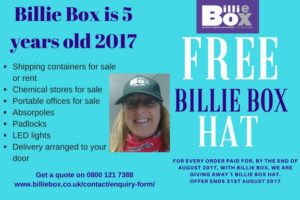 Billie Box special offer, free hat, shipping containers, chemical stores, portable offices