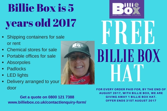 Billie Box special offer, free hat, shipping containers, chemical stores, portable offices