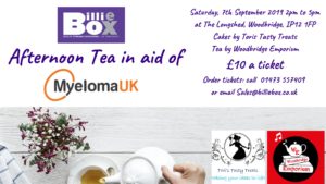 Afternoon tea, Billie Box fundraising, charity, Myeloma UK, Blood cancer, 