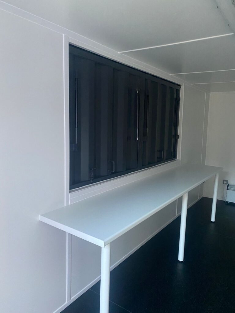 Interior of School Snack Shack converted shipping container.