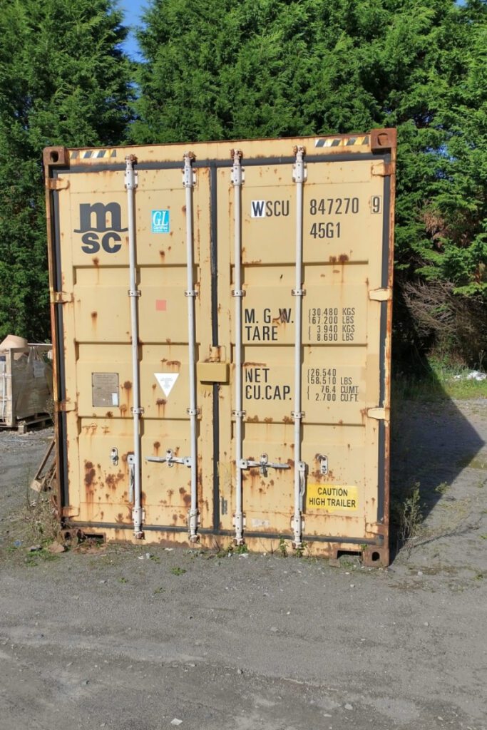 A single hired storage container at a garden centre.